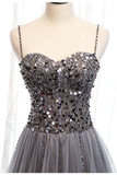 Beautiful Grey Beaded Tulle Prom Dresses, Straps Party Dress HZ1023