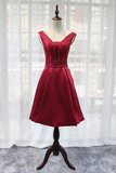 Beautiful Dark Red Satin V-Neckline Party Dress, Charming Short Homecoming Dress HZ1023
