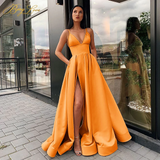 Llyge Sexy V Neck Satin Evening Dresses Spaghetti Strap Side Slit Prom Dress High Waist Evening Gowns Party Dress HZ1023