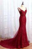 Charming Mermaid Lace Burgundy Prom Dress, Tulle Long Evening Dress HZ1023