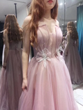 Charming Tulle Straps Long Formal Gown, Pink Elegant Party Dress HZ1023