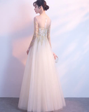 Beautiful Light Champagne Long Sleeves With Gold Applique, Charming Formal Gowns HZ1023