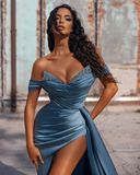 Dusty Blue Off-the-Shoulder Mermaid Prom Dress With Slit HZ1023