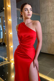 Red One Shoulder Sleeveless Mermaid Prom Dress With Split HZ1023