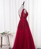 Charming Wine Red Bridesmaid Dress, Lace V-Neckline Party Gown HZ1023