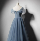 Grey-Blue Tulle Off Shoulder Beaded Long Prom Dress Party Dress, Long Evening Gowns HZ1023