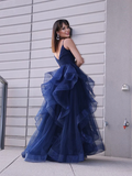A-Line/Elegant Tulle Layers V-neck Sleeveless Floor-Length Prom Dresses HZ1023