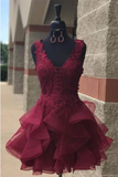Organza Homecoming Dress,Lace Homecoming Dresses,Short Party Dresses,Lace Homecoming Dresses,V Neck Prom Dresses,Burgundy Homecoming Dresses HZ1023