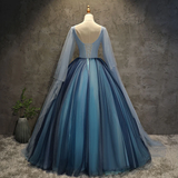 Blue Tulle Ball Gown Long Sweet 16 Dress With Lace Applique, Prom Dress HZ1023