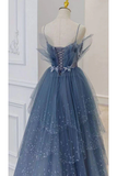 Blue gorgeous sparkling exquisite beaded long tulle ball gown evening dress with rhinestones multi-layered dress HZ1023