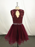 New Handmade Wine Red Knee Length Homecoming Dress, Short Party Dress HZ1023