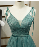 Green Tulle Long Prom Dress, New V-Neckline Straps Long Party Dress HZ1023