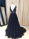Navy Blue V-Neckline Beaded Long Prom Dress, Chic Tulle Sparkle Formal Dress Party Dress HZ1023
