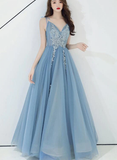 Charming Blue V-Neckline Tulle Party Dress With Staps, Long Prom Dress HZ1023