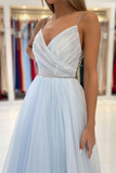 Light Sky Blue Spaghetti-Straps Tulle Long Prom Dress With Beads HZ1023