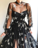 Black High Neck Sparkly Long Sleeve Unique Prom Dress Gorgeous Evening Gowns HZ1023