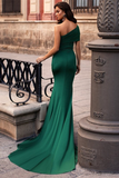 Dark Green One Shoulder Long Mermaid Prom Dress With Split HZ1023