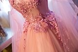 Pink Tulle Sweet 16 Party Dress With Lace Applique, Long Formal Gown HZ1023