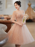 Lovely Pink Lace Short Sleeves Sweetheart Vintage Style Party Dress, Pink Homecoming Dresses HZ1023