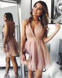 Cute V Neck Above Knee Pink Ruffles Tulle Short Prom Dresses Homecoming Dresses HZ1023