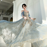 Charming Lace Light Blue V-Neckline Long Prom Dress, A-Line Formal Dress Evening Dress HZ1023
