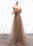 Champagne Tulle Off Shoulder Straps A-Line Prom Dress, Long Evening Dress Party Dress HZ1023