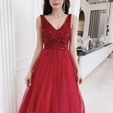 Sexy V-Neckline Wine Red Tulle Floor Length Party Dress, Red Formal Gown HZ1023
