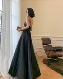 Beautiful Black Straps Tulle With Satin Long Party Dress, Black Evening Dress HZ1023