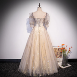 Light Champagne Short Sleeves Tulle Long Formal Dress, A-Line Floor Length Party Dresses HZ1023