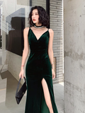 Dark Green Velvet Long Straps Floor Length Party Dress, Green Prom Dress Formal Dress HZ1023