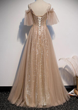 Charming Champagne Tulle And Sequins Long Party Dress, A-Line Prom Dress HZ1023