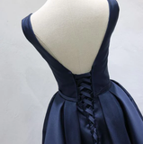 Elegant Beaded V-Neckline Satin Navy Blue Dress, Short Bridesmaid Dress HZ1023