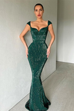 Cap Sleeves Long Sequins Prom Dress Mermaid HZ1023