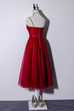 Beautiful Dark Red Tea Length Straps Wedding Party Dress, Homecoming Dress HZ1023