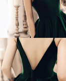 Dark Green V Back Long Velvet Elegant Party Dress, A-Line Straps Bridesmaid Dress HZ1023