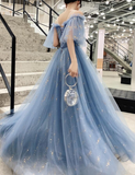 Light Blue Tulle Off Shoulder With White Lace Party Dress, Blue Formal Dress Gowns HZ1023