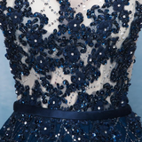 Beautiful Blue Tulle With Lace Round Neckline Prom Dress, Blue Prom Dress HZ1023