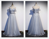 Light Grey Sweetheart Off Shoulder Long Party Dress, A-Line Tulle Prom Dress Evening Dress HZ1023