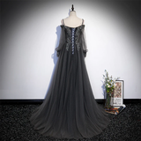 Dark Grey Long Sleeves Lace Applique A-Line Prom Dress, Grey Long Formal Dresses HZ1023