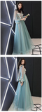 Light Green Tulle Long Party Dress With Flowers, Long Formal Dresses HZ1023