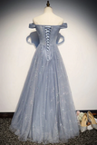 Beautiful Long Strapless Blue Tulle Beaded Long, A Line Off Shoulder Prom Dress HZ1023