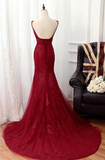 Charming Mermaid Lace Burgundy Prom Dress, Tulle Long Evening Dress HZ1023