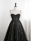 Black Sweetheart Tulle Straps Long Evening Dress, Black Formal Dress Party Dresses Prom dress HZ1023