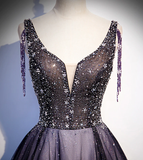 Charming Purple Gradient Tulle V-Neckline Long Party Dress, A-Line Prom Dress HZ1023