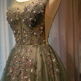Beautiful Tulle With Applique Light Green Round Neckline Prom Dress, Low Black Long Formal Dress HZ1023