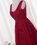 Charming Wine Red Bridesmaid Dress, Lace V-Neckline Party Gown HZ1023