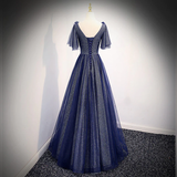 Navy Blue V-Neckline Long Tulle Party Dress With Sleeves, Blue Bridesmaid Dresses Party Dress HZ1023