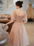 Lovely Pink Lace Short Sleeves Sweetheart Vintage Style Party Dress, Pink Homecoming Dresses HZ1023
