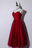 Beautiful Dark Red Tea Length Straps Wedding Party Dress, Homecoming Dress HZ1023