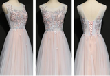 Light Pink Floral Tulle A-Line Prom Dress Long Party Dress HZ1023